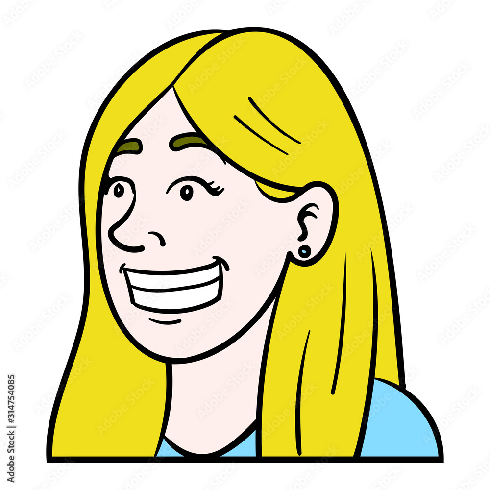 Vector illustration of a European woman with fair skin and blonde hair in an oblique profile. She laughs heartily, shows her teeth and is happy. blue top, avatar, emotions, isolated. Vector illustration of a European woman with fair skin and blonde hair in an oblique profile. She laughs heartily, shows her teeth and is happy. blue top, avatar, emotions, isolated.
