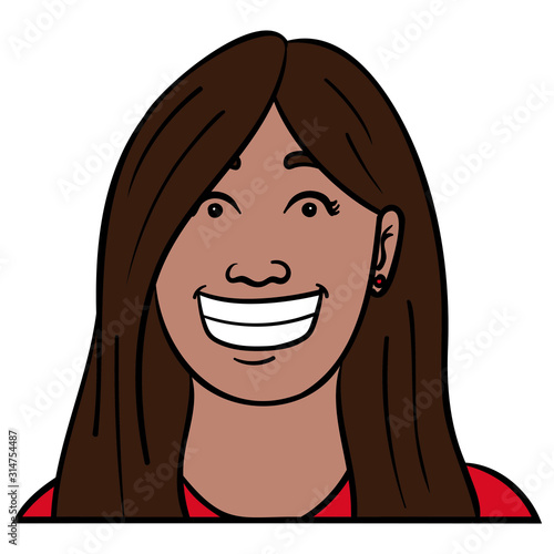 Frontal portrait of a South American woman with brown skin and dark hair who laughs heartily, shows her teeth and looks straight at the camera.  Vector illustration, avatar, red top, happines.