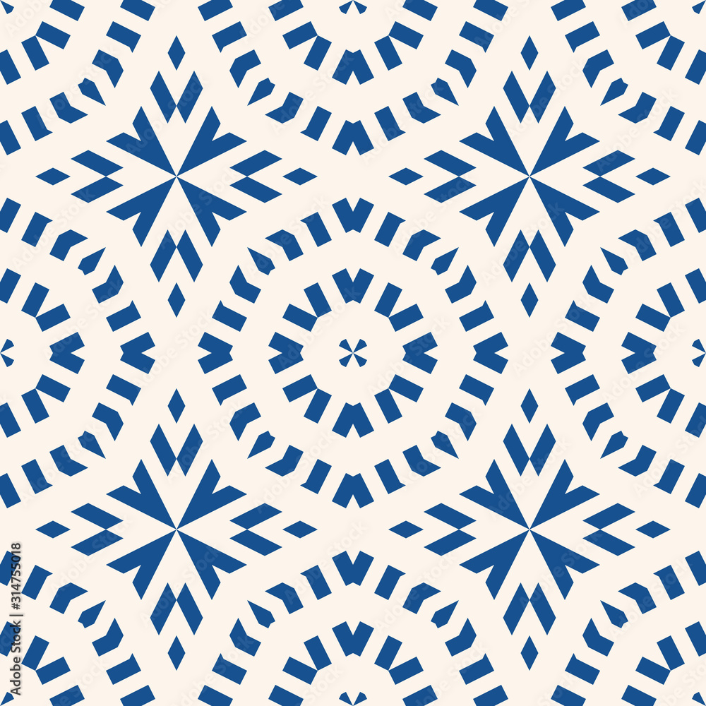 Vector ornamental seamless pattern. Indigo blue tile in traditional mediterranean, spanish, portuguese style. Abstract mosaic background texture with stars, floral shapes, lines. Elegant repeat design