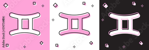 Set Gemini zodiac sign icon isolated on pink and white, black background. Astrological horoscope collection.  Vector Illustration