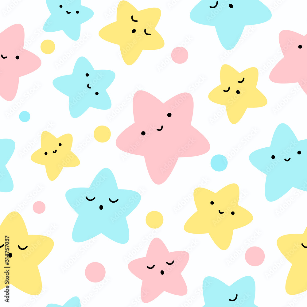 Multicolor stars, cute seamless pattern for babies, kids print. Vector illustration on white background.
