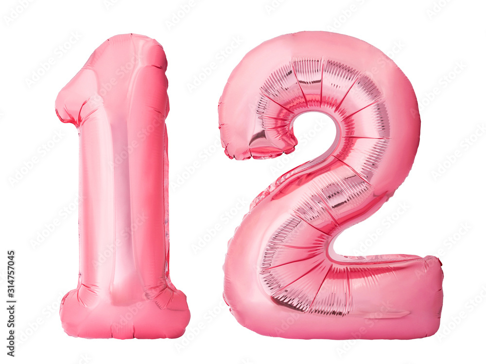 Number 12 twelve made of rose gold inflatable balloons isolated on white background. Pink helium balloons forming 12 twelve number - obrazy, fototapety, plakaty 