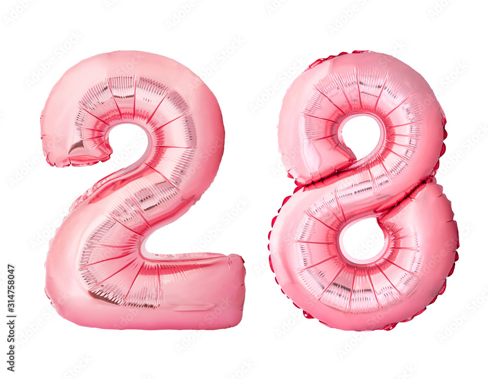 Number 28 twenty eight made of rose gold inflatable balloons isolated on white background. Pink helium balloons forming 28 twenty eight number Number 28 twenty eight made of rose gold inflatable balloons isolated on white background. Pink helium balloons forming 28 twenty eight number