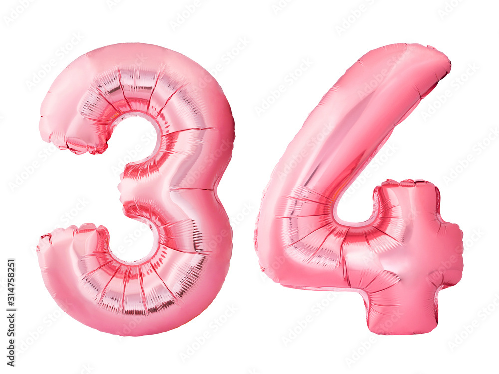 Number 34 thirty four made of rose gold inflatable balloons isolated on white background. Pink helium balloons forming 34 thirty four. Birthday concept Number 34 thirty four made of rose gold inflatable balloons isolated on white background. Pink helium balloons forming 34 thirty four. Birthday concept