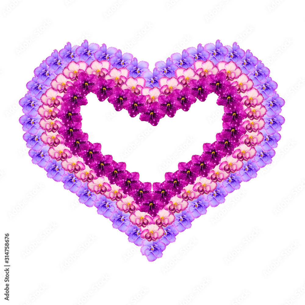 Valentine frame from colorful flowers on a white background. Heart shape made of senpolia flower buds for love valentine's day.