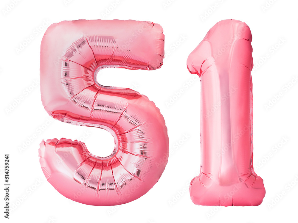Fototapeta premium Number 51 fifty one made of rose gold inflatable balloons isolated on white background. Pink helium balloons forming 51 fifty one number