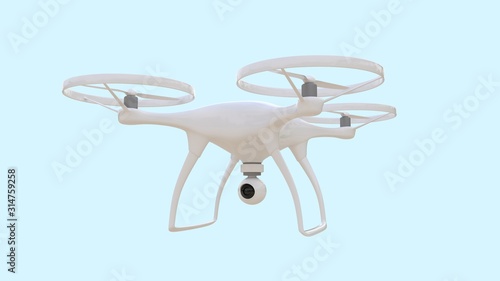 Flying drone isolated on blue background, 3d-rendering