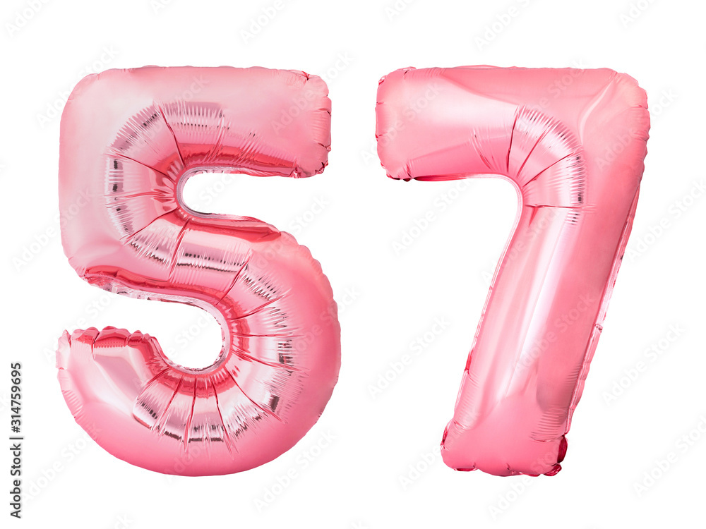 Number 57 fifty seven made of rose gold inflatable balloons isolated on white background. Pink helium balloons forming 57 fifty seven number Number 57 fifty seven made of rose gold inflatable balloons isolated on white background. Pink helium balloons forming 57 fifty seven number