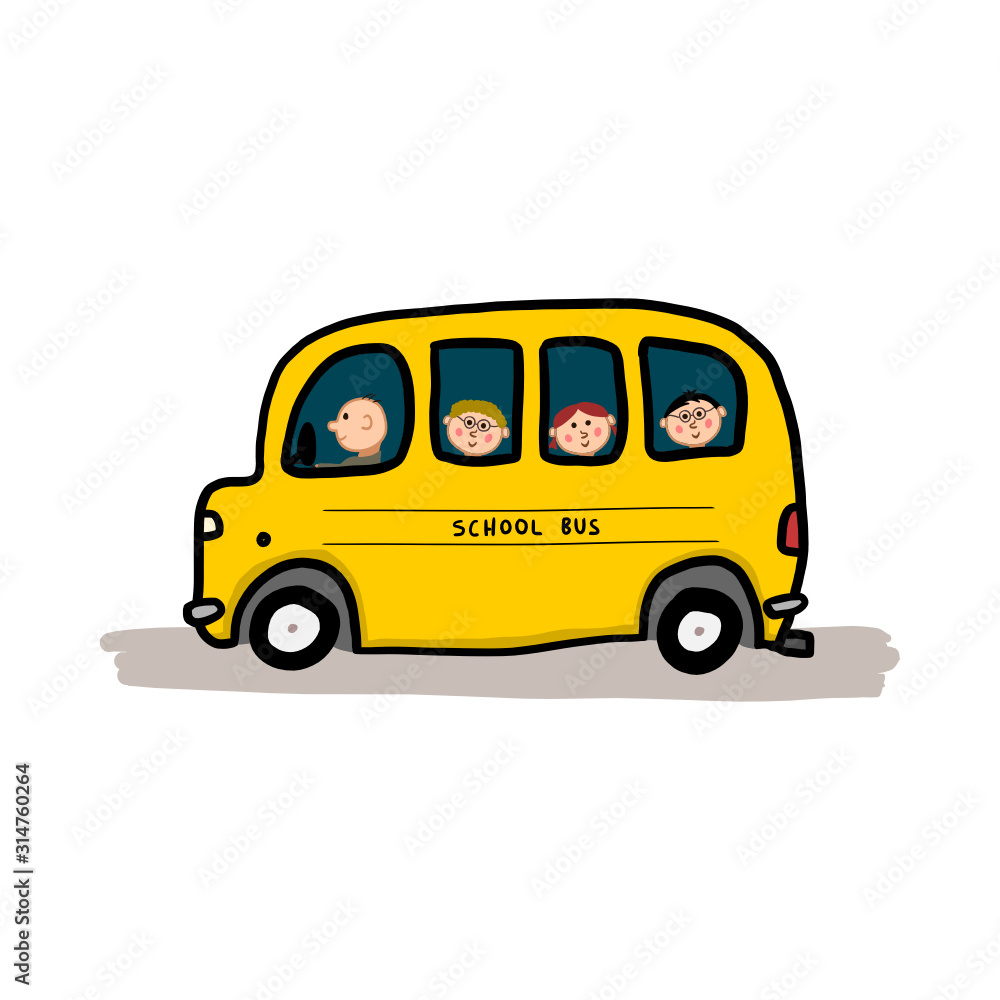 Yellow school bus with children. Cartoon doodle drawing. Stock Vector |  Adobe Stock