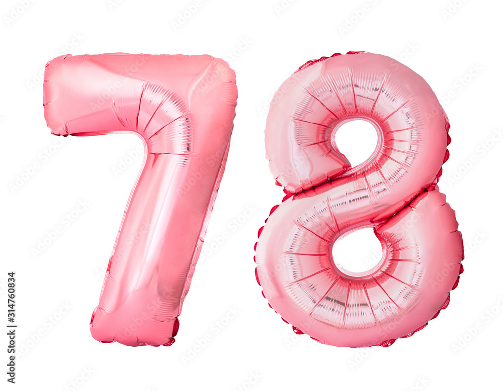 Number 78 seventy eight of rose gold inflatable balloons isolated on white background. Pink helium balloons forming 78 seventy eight Number 78 seventy eight of rose gold inflatable balloons isolated on white background. Pink helium balloons forming 78 seventy eight