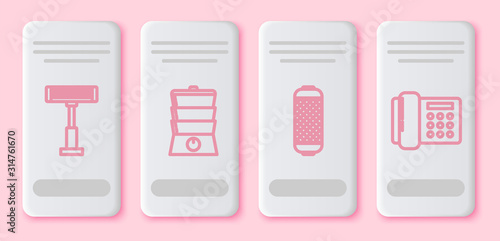 Set line Electric heater , Double boiler , Stereo speaker and Telephone . White rectangle button. Vector