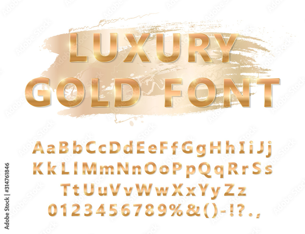 Shiny modern gold font isolated on white background. Vintage golden numbers and letters with shadows. Detailed 3d alphabet. Typography yellow gold bold mockup. Anniversary letters. Vector
