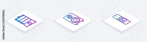 Set Isometric line Double boiler , Stereo speaker and Remote control . White square button. Vector