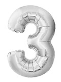 Number 3 three made of silver inflatable balloon isolated on white background. Silver helium balloon three 3 number. Discount and sale, birthday and education concept