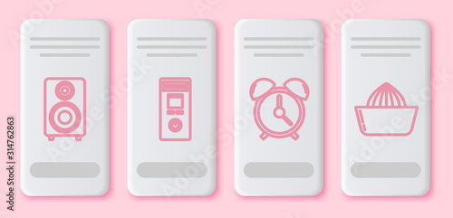 Set line Stereo speaker , Remote control, Alarm clock and Citrus fruit juicer . White rectangle button. Vector