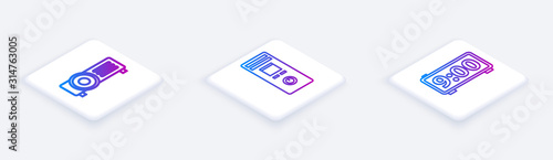 Set Isometric line Presentation, movie, film, media projector , Remote control and Digital alarm clock . White square button. Vector