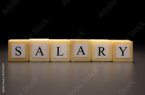 The word SALARY written on wooden cubes isolated on a black background