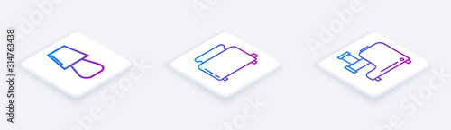 Set Isometric line Table lamp , Toaster with toasts and Kitchen meat grinder . White square button. Vector