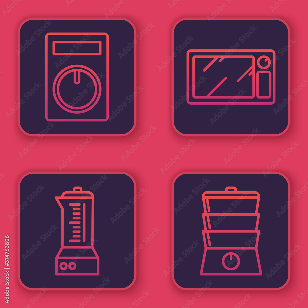 Set line Remote control, Blender , Microwave oven and Double boiler . Blue  square button. Vector Stock Vector | Adobe Stock