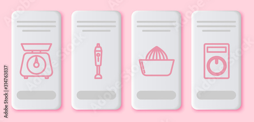 Set line Scales , Blender , Citrus fruit juicer and Remote control. White rectangle button. Vector
