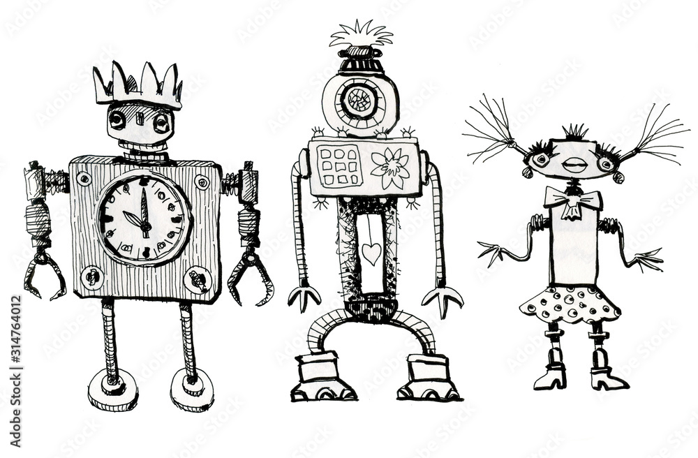 Obraz premium Team of robots. Vintage toys. Ink drawing.