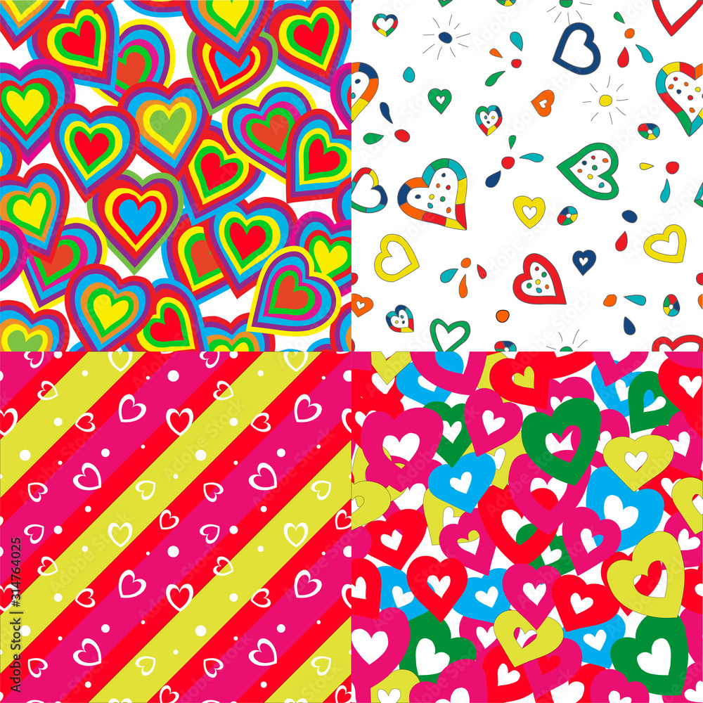 Set of seamless backgrounds with bright hearts.