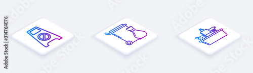 Set Isometric line Wet floor and cleaning in progress , Trash can and Plastic bottles for liquid dishwashing liquid. White square button. Vector