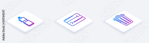 Set Isometric line Plastic bottles for liquid dishwashing liquid, Towel stack and Trash can . White square button. Vector