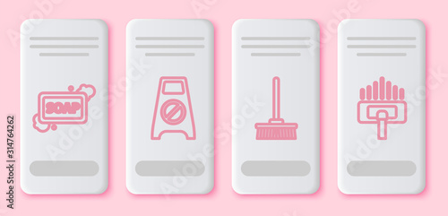 Set line Bar of soap with foam , Wet floor and cleaning in progress , Mop and Vacuum cleaner. White rectangle button. Vector