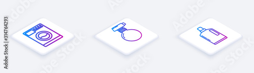 Set Isometric line Washer , Cleaning spray bottle with detergent liquid and Plastic bottles for liquid dishwashing liquid. White square button. Vector