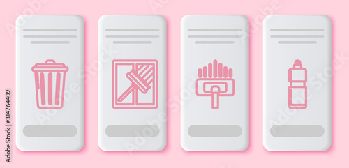 Set line Trash can , Squeegee, scraper, wiper, Vacuum cleaner and Plastic bottles for liquid dishwashing liquid. White rectangle button. Vector