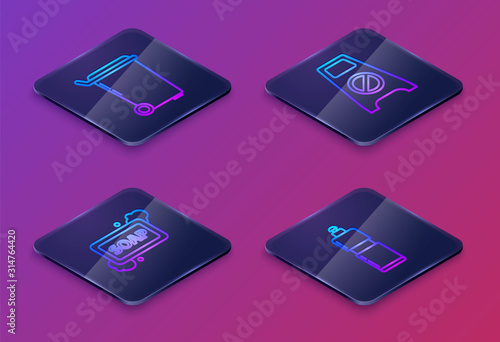Set Isometric line Trash can , Bar of soap with foam , Wet floor and cleaning in progress and Plastic bottles for liquid dishwashing liquid. Blue square button. Vector