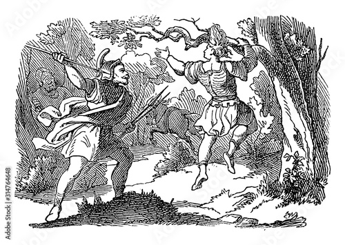 Vintage line drawing or engraving of biblical story of Joab killing Absalom hanging on tree. Bible, Old Testament, 2 Samuel 18. Biblische Geschichte des alten und neuen Testaments, Germany 1859.