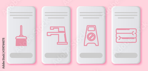 Set line Handle broom , Water tap , Wet floor and cleaning in progress and Towel stack . White rectangle button. Vector