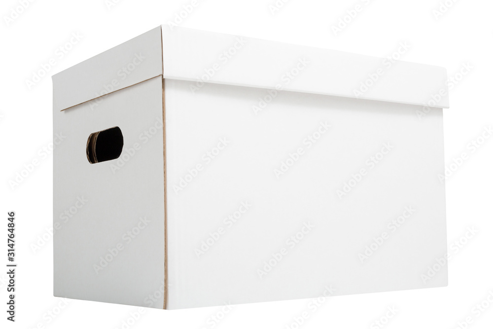 White archive cardboard box isolated on white background. White corrugated carton box for bookkeeping White archive cardboard box isolated on white background. White corrugated carton box for bookkeeping