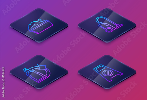 Set Isometric line Plastic basin with soap suds , Plastic bottles for liquid dishwashing liquid, Vacuum cleaner and Wet floor and cleaning in progress . Blue square button. Vector