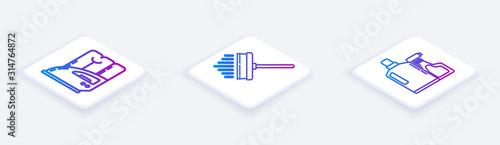 Set Isometric line Electric iron and towel , Squeegee, scraper, wiper and Plastic bottles for liquid dishwashing liquid. White square button. Vector