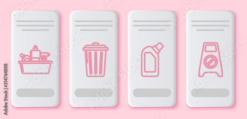 Set line Plastic bottles for liquid dishwashing liquid, Trash can , Plastic bottles for liquid dishwashing liquid and Wet floor and cleaning in progress . White rectangle button. Vector