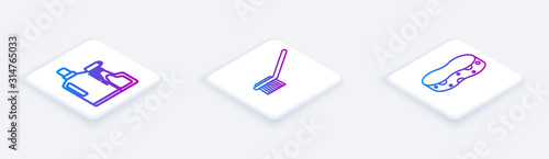 Set Isometric line Plastic bottles for liquid dishwashing liquid, Toilet brush and Sponge . White square button. Vector