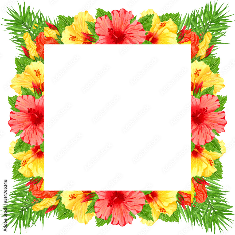 Watercolor frame with red and yellow hibiscus flowers. Hand drawn floral border with tropical flowers and leaves. Wedding invitation, greeting card, design. Tropical wreath. Watercolor frame with red and yellow hibiscus flowers. Hand drawn floral border with tropical flowers and leaves. Wedding invitation, greeting card, design. Tropical wreath.
