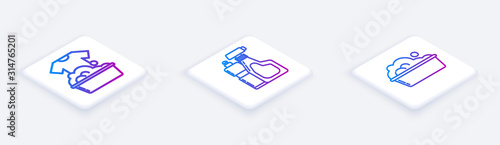 Set Isometric line Plastic basin with soap suds , Plastic bottles for liquid dishwashing liquid and Plastic basin with soap suds . White square button. Vector