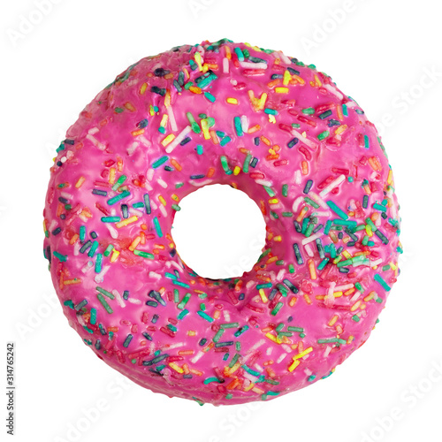 Beautiful donut decorated with colorful sprinkles isolated on white background. Flat lay. Top view