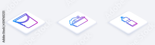 Set Isometric line Bucket , Plastic basin with soap suds and Plastic bottles for liquid dishwashing liquid. White square button. Vector