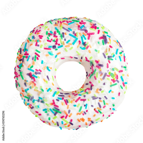White donut decorated with colorful sprinkles isolated on white background. Flat lay