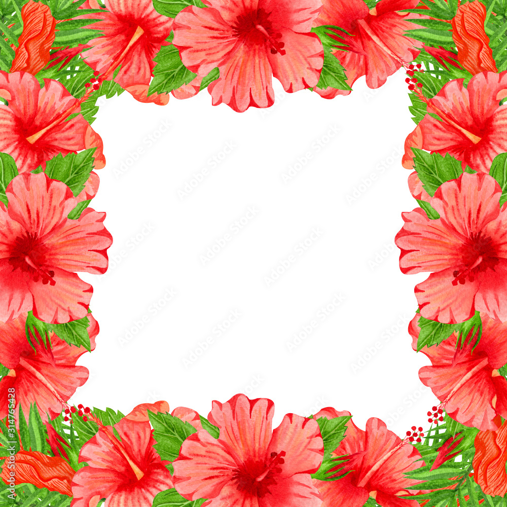 Fototapeta premium Watercolor frame with red hibiscus flowers. Hand drawn floral border with tropical flowers and leaves. Wedding invitation, greeting card, design. Tropical wreath.