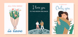 Set of cute romantic postcards. Hugging couple, flowers, walking holding hands on the moon surface. Concepts for Valentine's day. love story, romance, relationship. Flat vector illustration