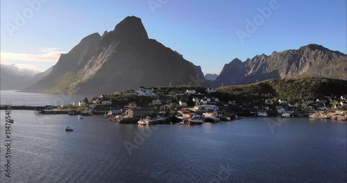 4K Reine Lofoten islands. Beautiful scenery of the town of Reine. Birds eye view drone footage