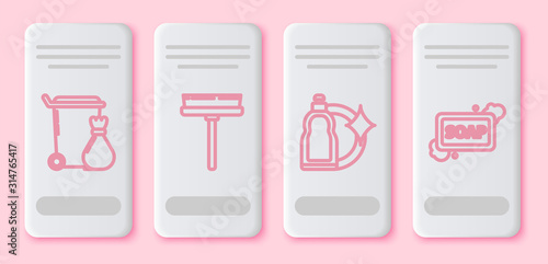 Set line Trash can , Squeegee, scraper, wiper, Plastic bottles for liquid dishwashing liquid and Bar of soap with foam . White rectangle button. Vector