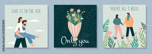 Set of cute romantic postcards. Hugging couple, woman on man's back, flowers, walking holding hands. Concepts for Valentine's day. love story, romance, relationship. Flat vector illustration