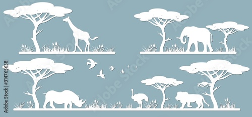 Animals on the line. Laser cut paper, template for DIY scrapbooking. Rhinoceros, giraffe, ostrich, elephant, lion. Animals, wildlife, bird, tree, grass, sunset in Africa. From paper for plotter. photo
